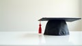A close-up of a single graduation cap placed on a clean, white table with soft lighting, emphasizing simplicity and elegance Royalty Free Stock Photo
