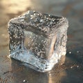 Close-up of a single ice cube with air bubbles, melting on a dark surface Royalty Free Stock Photo