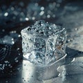 Close-up of a single ice cube with water droplets on a dark surface Royalty Free Stock Photo
