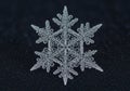 A close-up of a single, intricate snowflake with a hexagonal core, Royalty Free Stock Photo