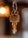 Close-up of a single key with a metallic tag hanging from a set of keyrings. The background is blurred, showcasing warm Royalty Free Stock Photo