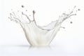 Close up of a single milk splash suspended in mid air, isolated on a pristine white background