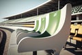 close-up of a single seat on the grandstand, with its empty space and view of the track visible