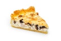 Close up of a single slice of chicken and mushroom pie isolated on white