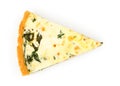 Close up of a single slice of Spinach and feta cheese pie isolated on white. View from above