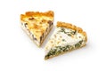Close up of a single slice of Spinach and feta cheese pie on white