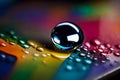 A close-up of a single water droplet reflecting a rainbow of colors while hovering in midair.