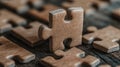 Close-up of a single wooden puzzle piece standing out from the group Royalty Free Stock Photo