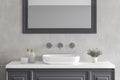Close up of sink on white countertop with square mirror standing in on white wall, classic cabinet with chrome faucet in