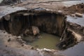 close-up of sinkhole with water and debris flowing into it