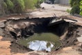 close-up of sinkhole with water and debris flowing into it