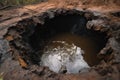 close-up of sinkhole with water rushing into the depths