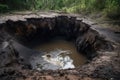 close-up of sinkhole with water rushing into the depths