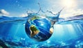 Earth Globe Sinking with Splashes in Sea Water - Generative Ai Royalty Free Stock Photo