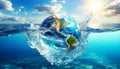 Earth Globe Sinking with Splashes in Sea Water - Generative Ai Royalty Free Stock Photo