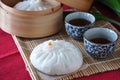 Close up Siopao Chinese Steamed Pork Bun with Tea Royalty Free Stock Photo