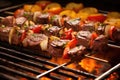 close-up of sizzling beef skewers on a churrasco grill