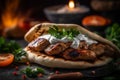 Close up sizzling hot kebab with perfectly grilled meat, sauce. Street food. AI generated.