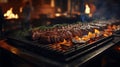 Close-up of sizzling meat on grill with flames dancing, evoking senses of smell and warmth
