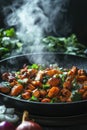 A close-up of a sizzling pan with marinated chicken