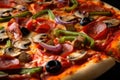 Close-up of a sizzling pizza with pepperoni, mushrooms, and green peppers, fresh out of the oven and ready to be devoured