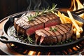 A close-up of a sizzling steak on a cast iron griddle, succulent and seared to perfection, garnished