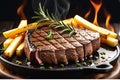 A close-up of a sizzling steak on a cast iron griddle, succulent and seared to perfection, garnished