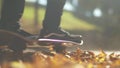 Close-up of skateboarder legs skateboarding utdoors. Skateboarder rides a skateboard on the fallen leaves in the park