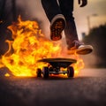 Close-up of a skateboarder riding out of the fire. Generative AI