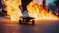 Close-up of a skateboarder riding out of the fire. Generative AI