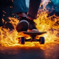 Close-up of a skateboarder riding out of the fire. Generative AI