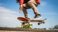 close-up of skateboarder, skateboarder with skateboard in the park, skateboarder doing tricks with skateboard Royalty Free Stock Photo