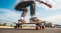 close-up of skateboarder, skateboarder with skateboard in the park, skateboarder doing tricks with skateboard Royalty Free Stock Photo