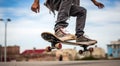 close-up of skateboarder, skateboarder with skateboard in the park, skateboarder doing tricks with skateboard Royalty Free Stock Photo