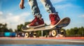close-up of skateboarder, skateboarder with skateboard in the park, skateboarder doing tricks with skateboard Royalty Free Stock Photo