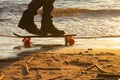 Close-up of the skateboarders feet