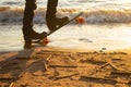 Close-up of the skateboarders feet