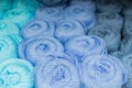 Close-up of skeins of thread in turquoise, blue and grey pastel colors. Thread background Royalty Free Stock Photo
