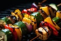 A close-up of a skewer of grilled vegetables. The vegetables should be colorful and charred, with grill marks on them. Generative