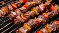 Close up of skewers with meat and veggies grilling over open fire at a picnic site