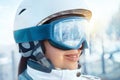 Close Up Of The Ski Goggles Of A Woman With The Reflection Of Snowed Mountains. Portrait Of Woman At The Ski Resort On The Backgro Royalty Free Stock Photo