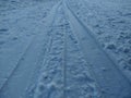 Close-up of the ski run. Ski track. Snow