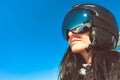 Close up skiers female person goggles with mountains panorama reflection. Ski holiday in caucasus mountains Royalty Free Stock Photo