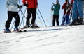 Close up of skiers on piste