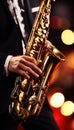 Close up of skilled men performing saxophone at captivating classical and jazz music concert