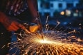 Close-up of skilled worker welding metal parts with bright sparks flying and detailed focus