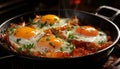 Close-up of a skillet with freshly fried eggs and bacon, garnished with parsley
