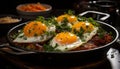 Close-up of a skillet with freshly fried eggs and bacon, garnished with parsley