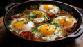 Close-up of a skillet with freshly fried eggs and bacon, garnished with parsley