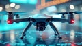 A close-up of a sleek AI-powered drone with a multi-sensor array hovering over a high-tech platform